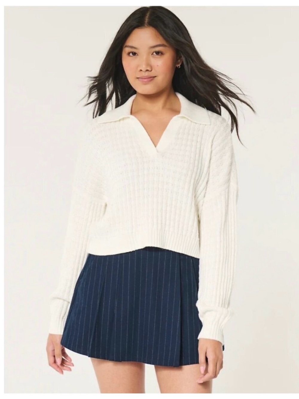 Hollister Easy Stitchy Polo Sweater Cream Women's XS Drop Shoulders Collar